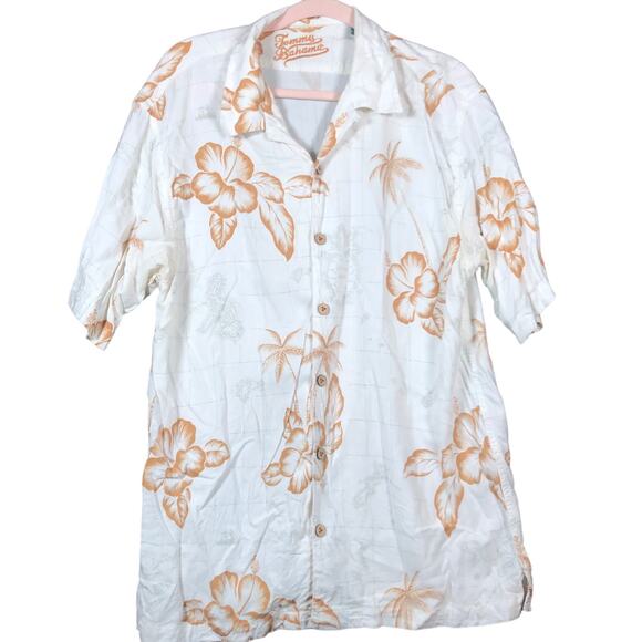 Tommy Bahama Mens Shirt White Gold Hawaiian Camp Vacation Leaf Floral Large - Picture 1 of 11